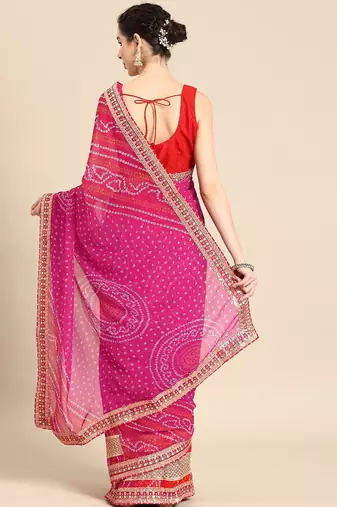 pink pink bandhani embroidered poly georgette designer bandhani saree