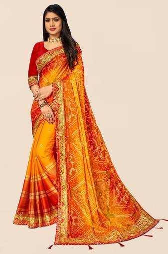 yellow yellow & red bandhani printed sequinned saree