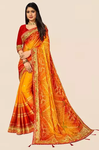 yellow yellow & red bandhani printed sequinned saree