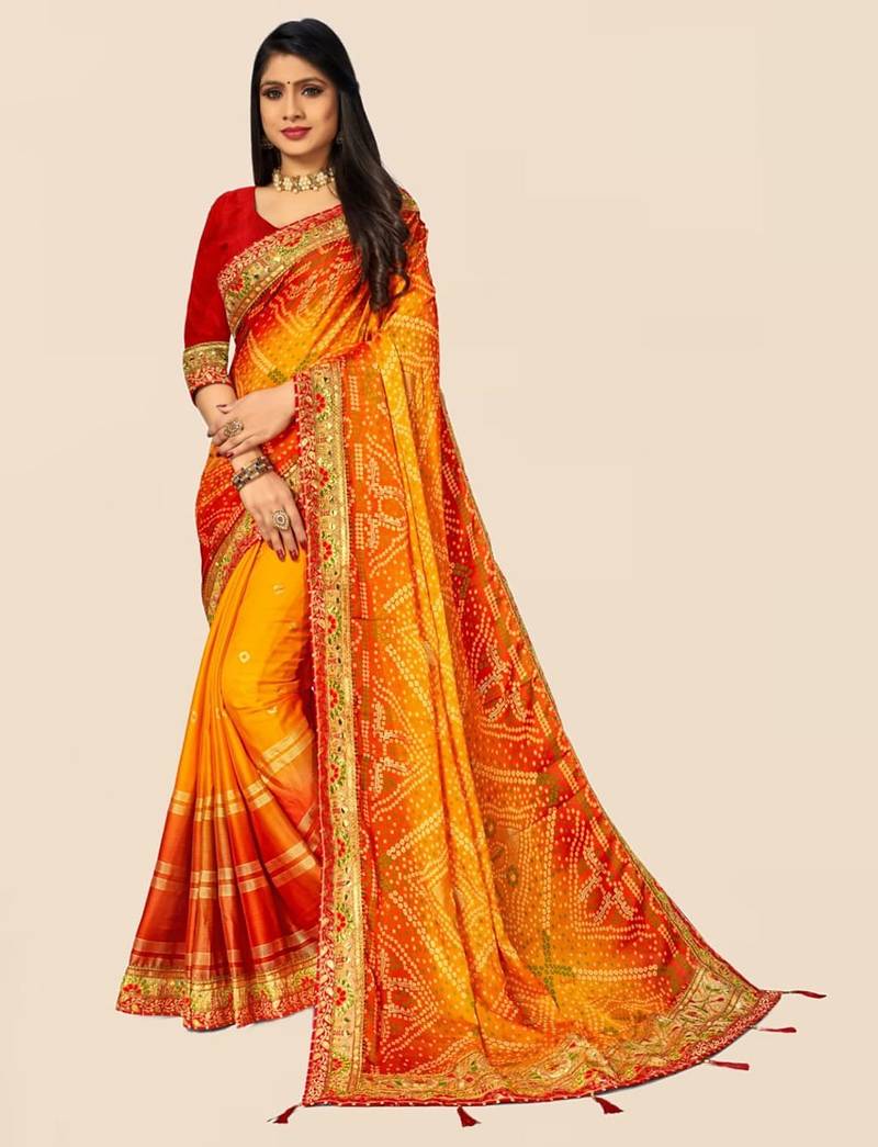 yellow yellow & red bandhani printed sequinned saree