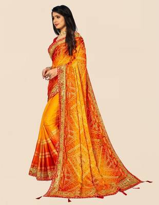 yellow yellow & red bandhani printed sequinned saree 2