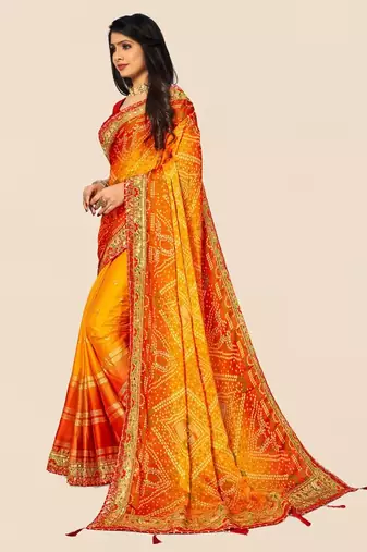 yellow yellow & red bandhani printed sequinned saree