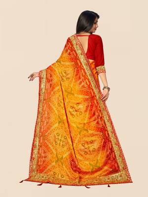 yellow yellow & red bandhani printed sequinned saree 3