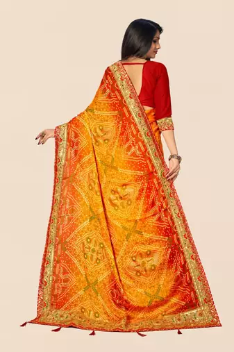 yellow yellow & red bandhani printed sequinned saree