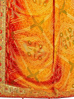 yellow yellow & red bandhani printed sequinned saree 4