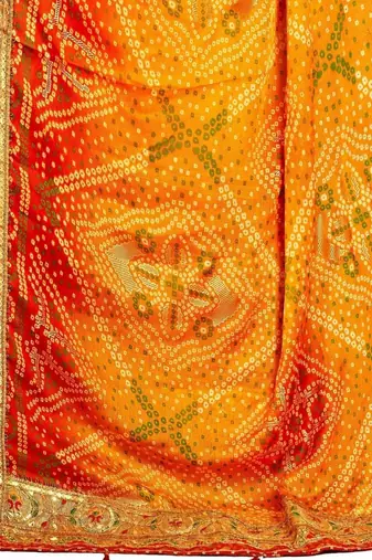 yellow yellow & red bandhani printed sequinned saree