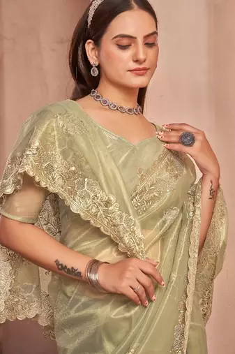 green embellished embroidered organza saree