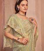 green embellished embroidered organza saree