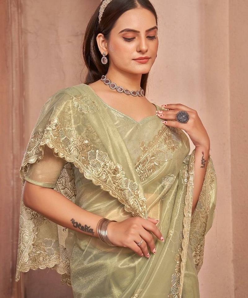 green embellished embroidered organza saree