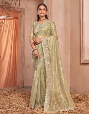 green embellished embroidered organza saree 2