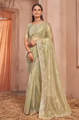green embellished embroidered organza saree