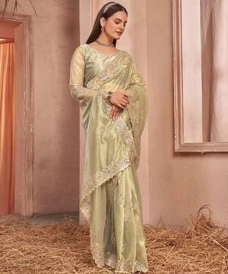 green embellished embroidered organza saree 3