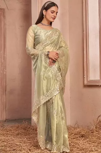 green embellished embroidered organza saree