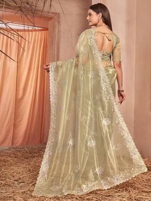 green embellished embroidered organza saree 4