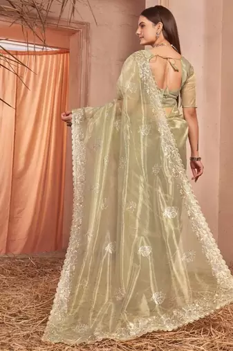 green embellished embroidered organza saree