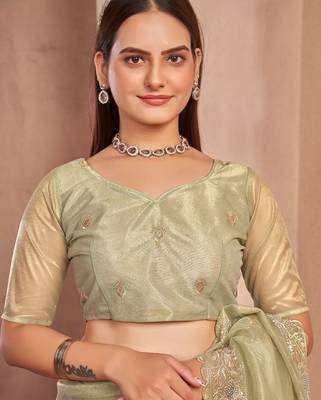 green embellished embroidered organza saree 5