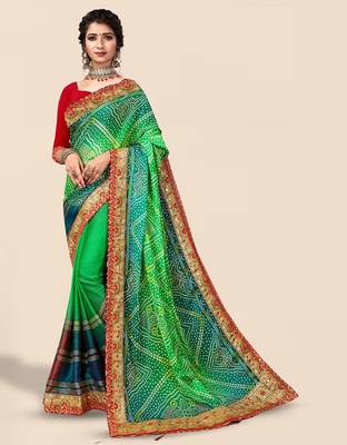 green green & red bandhani printed embroidered saree 1