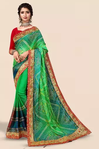 green green & red bandhani printed embroidered saree