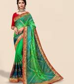 green green & red bandhani printed embroidered saree