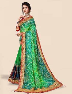 green green & red bandhani printed embroidered saree 2