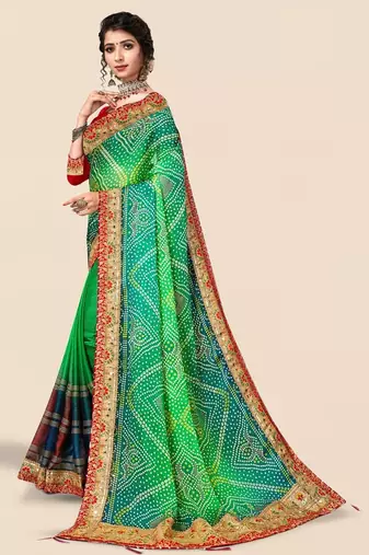 green green & red bandhani printed embroidered saree