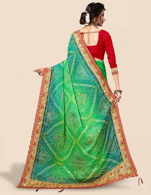 green green & red bandhani printed embroidered saree 3