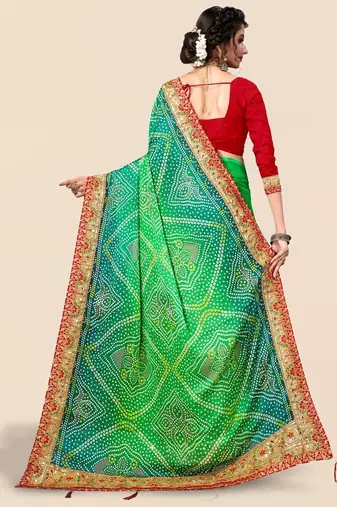 green green & red bandhani printed embroidered saree