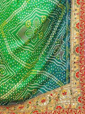 green green & red bandhani printed embroidered saree 4