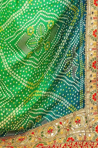 green green & red bandhani printed embroidered saree