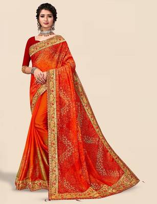 Orange bandhani printed sequinned saree 1