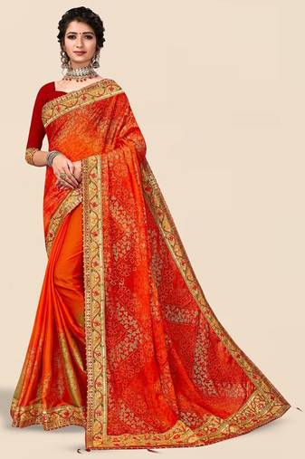 Orange bandhani printed sequinned saree