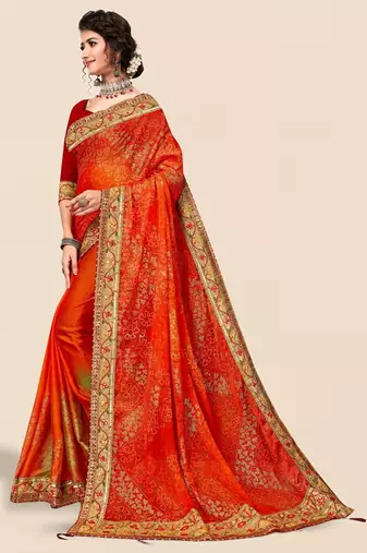 Orange bandhani printed sequinned saree