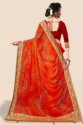 Orange bandhani printed sequinned saree