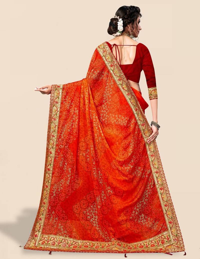 Orange bandhani printed sequinned saree