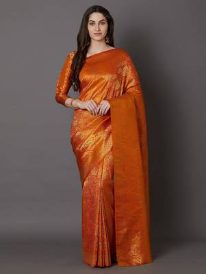 orange orange silk blend woven design banarasi saree 1