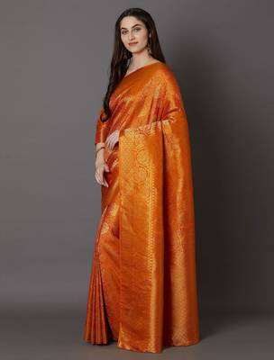 orange orange silk blend woven design banarasi saree 3