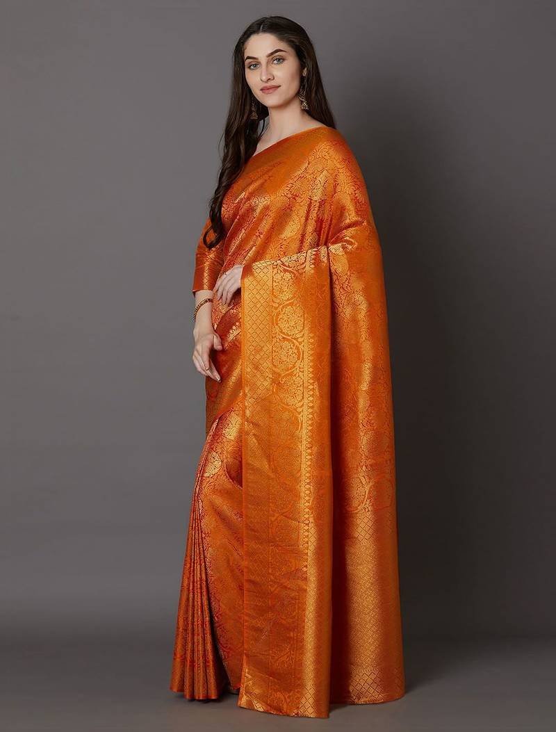 orange orange silk blend woven design banarasi saree