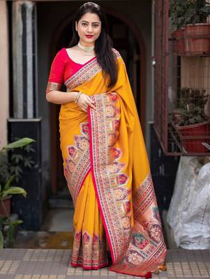 yellow ethnic motifs woven design zari banarasi saree 1