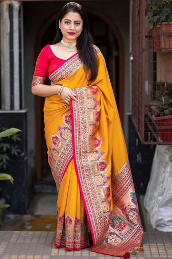 yellow ethnic motifs woven design zari banarasi saree