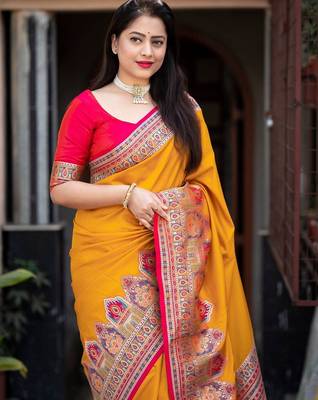 yellow ethnic motifs woven design zari banarasi saree 2
