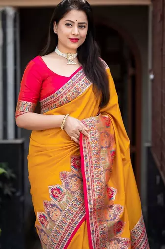 yellow ethnic motifs woven design zari banarasi saree