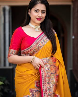 yellow ethnic motifs woven design zari banarasi saree 3