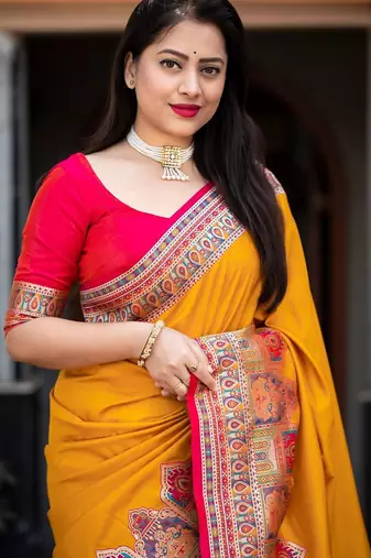 yellow ethnic motifs woven design zari banarasi saree