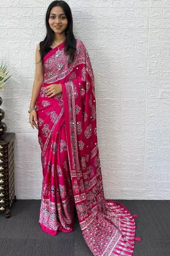 Magenta ajrak block mirror work bandhani saree