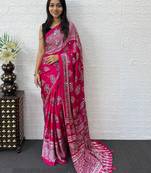 Magenta ajrak block mirror work bandhani saree