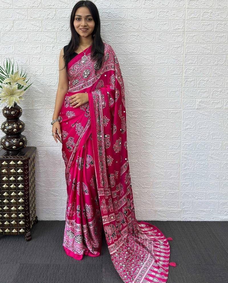 Magenta ajrak block mirror work bandhani saree
