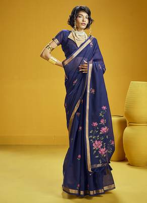 Navy blue munga cotton blend handloom weaving casual wear saree 1