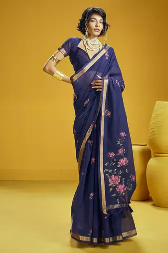 Navy blue munga cotton blend handloom weaving casual wear saree