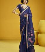 Navy blue munga cotton blend handloom weaving casual wear saree