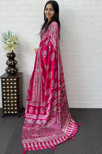 Magenta ajrak block mirror work bandhani saree